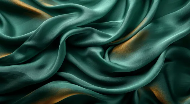 Dark green silk satin fabric fills the frame with flowing folds and glossy highlights.