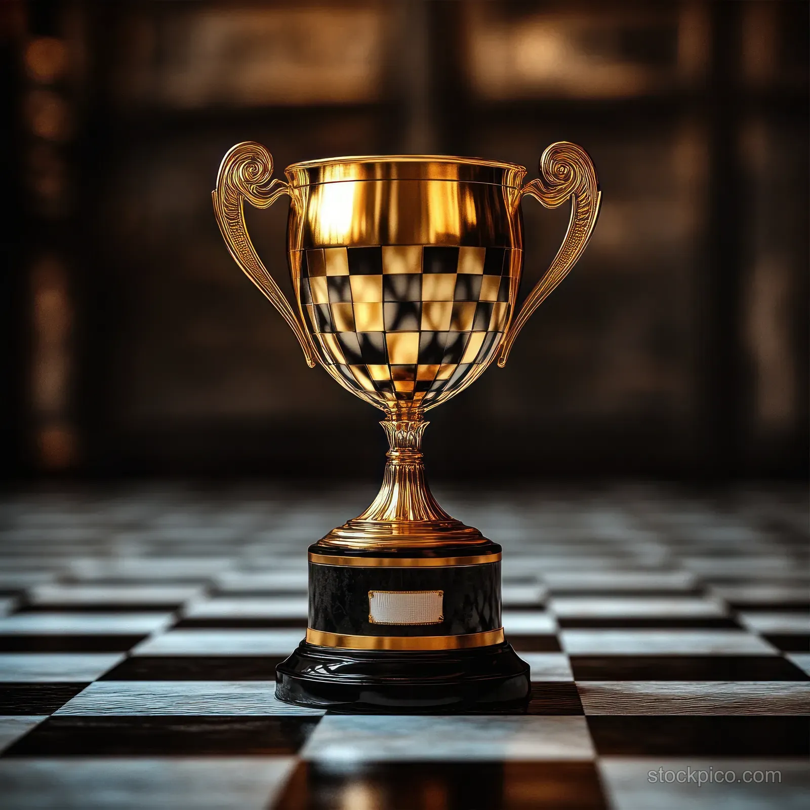Golden trophy cup with ornate checkered handles placed on a chessboard under dramatic light with a dark blurred background.