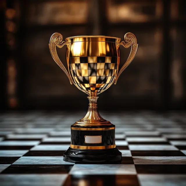 Golden trophy cup with checkered handles standing on a chessboard, dramatic spotlight