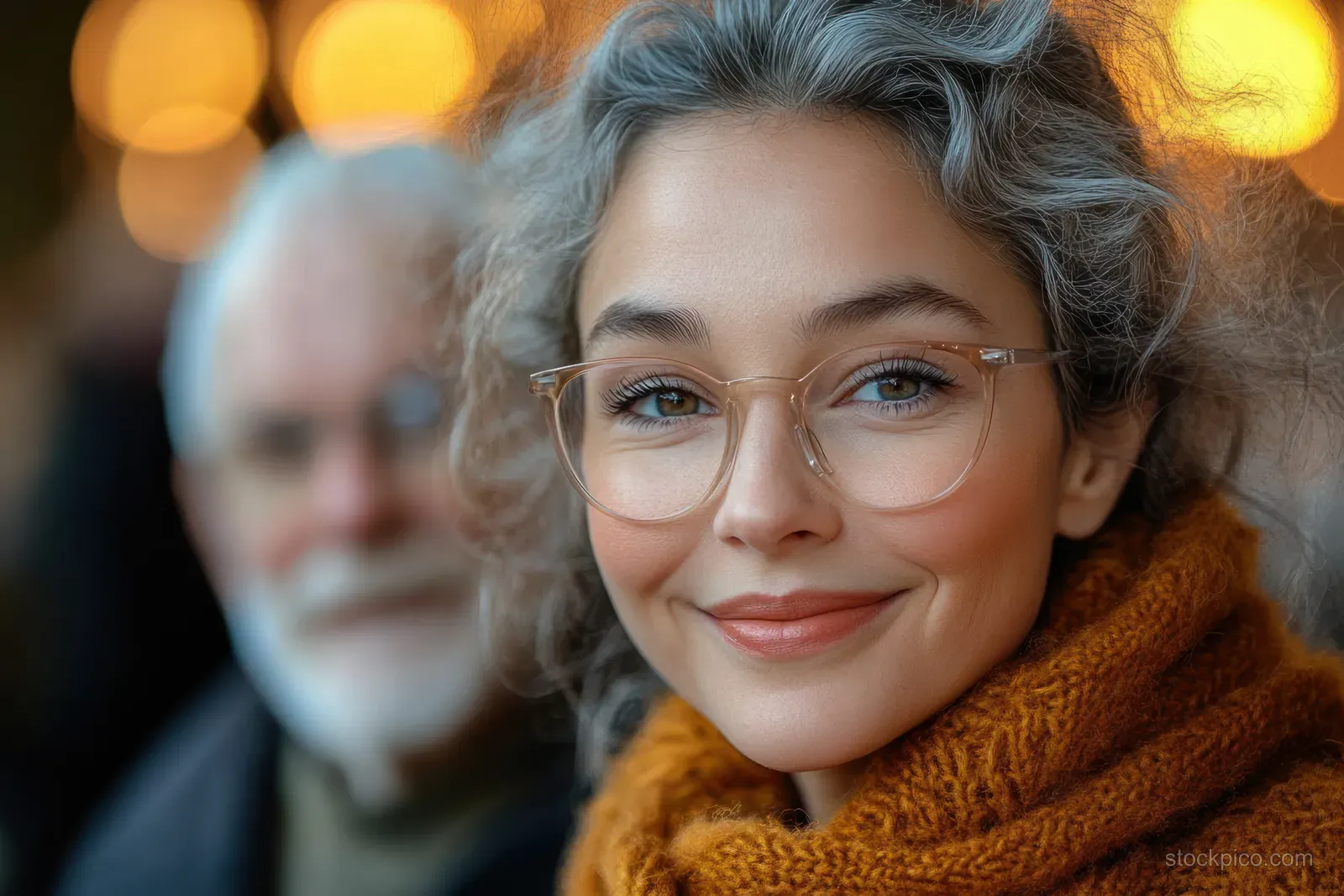 A smiling young woman with curly gray hair and glasses wears an orange scarf while an elderly man is blurred in warm light.