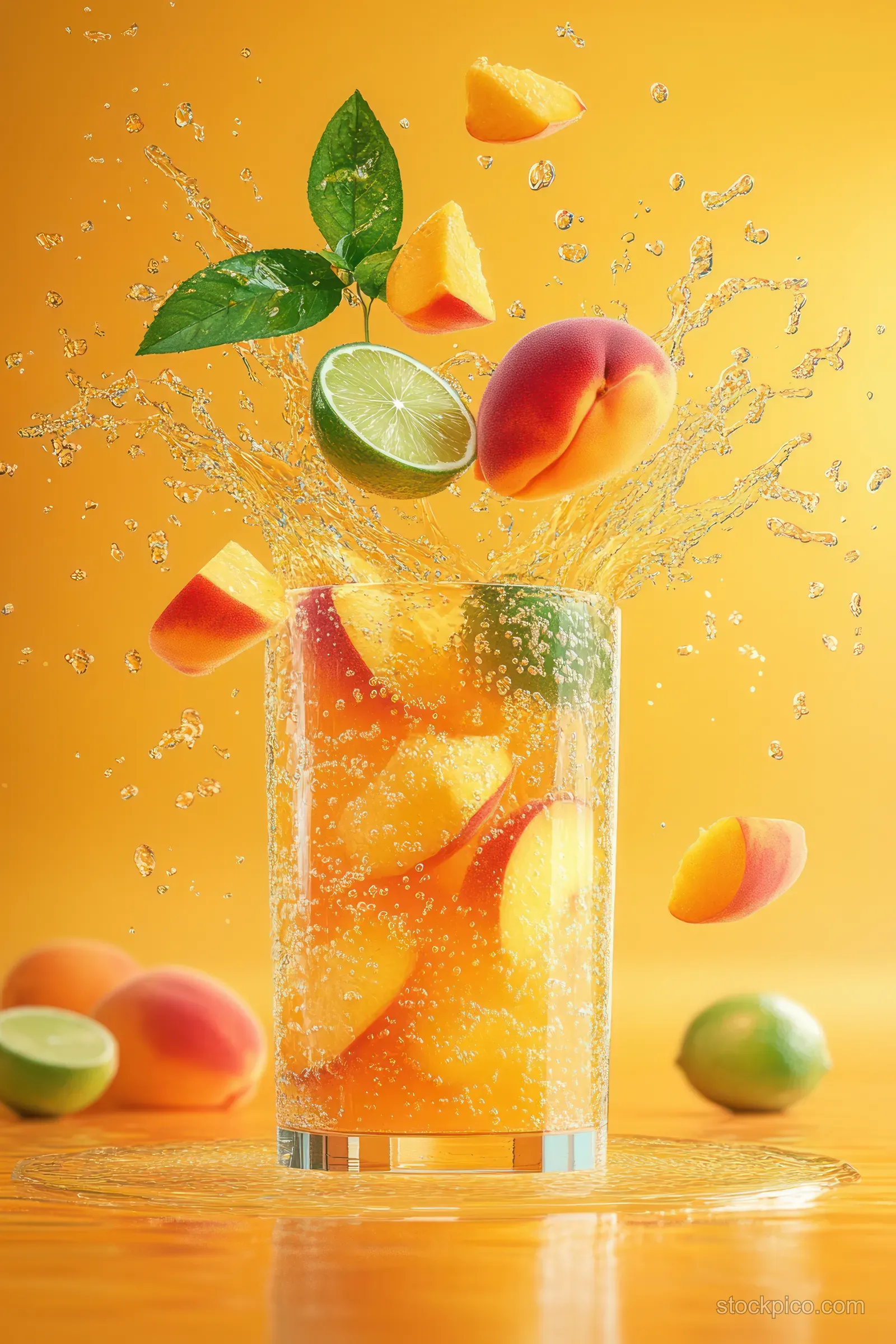 A clear glass of peach and lime juice with fruit splashes and floating peach and lime pieces on a yellow background.