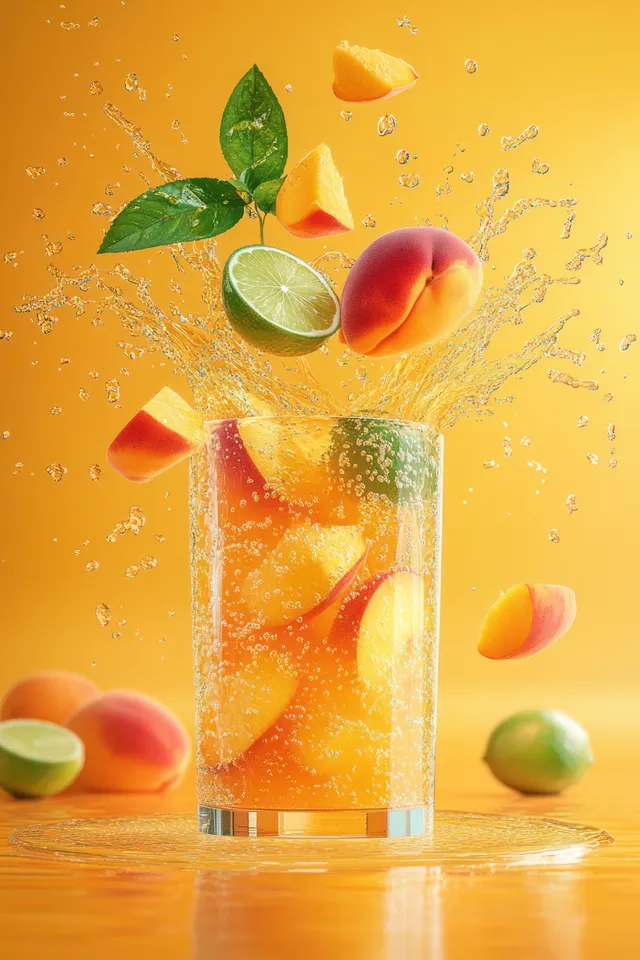 Peach and lime juice splashes upward in a clear glass on a yellow background