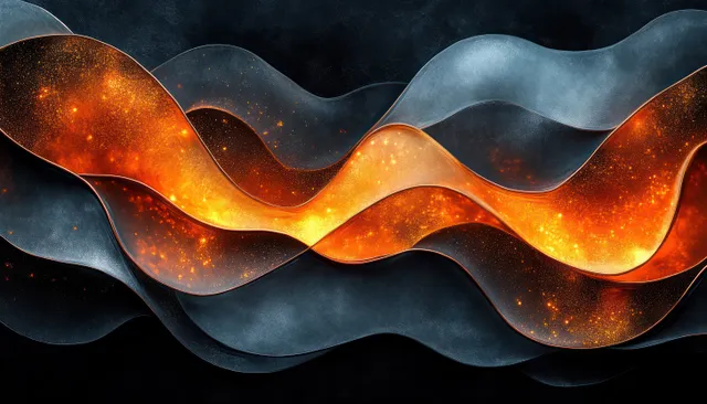 Abstract neon fluid waves glowing against dark smoky background with copper-orange light