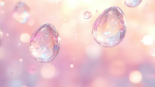 Iridescent translucent water droplets float against a soft pastel pink and peach bokeh background.