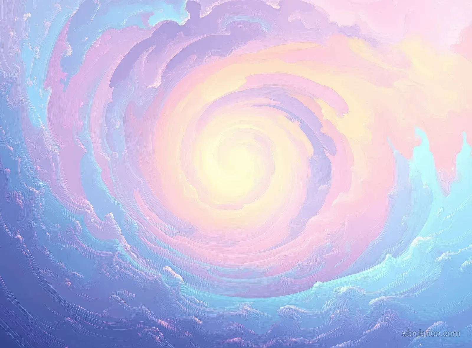 Pastel clouds swirl in a spiral vortex around a glowing circular center with soft liquid textures.