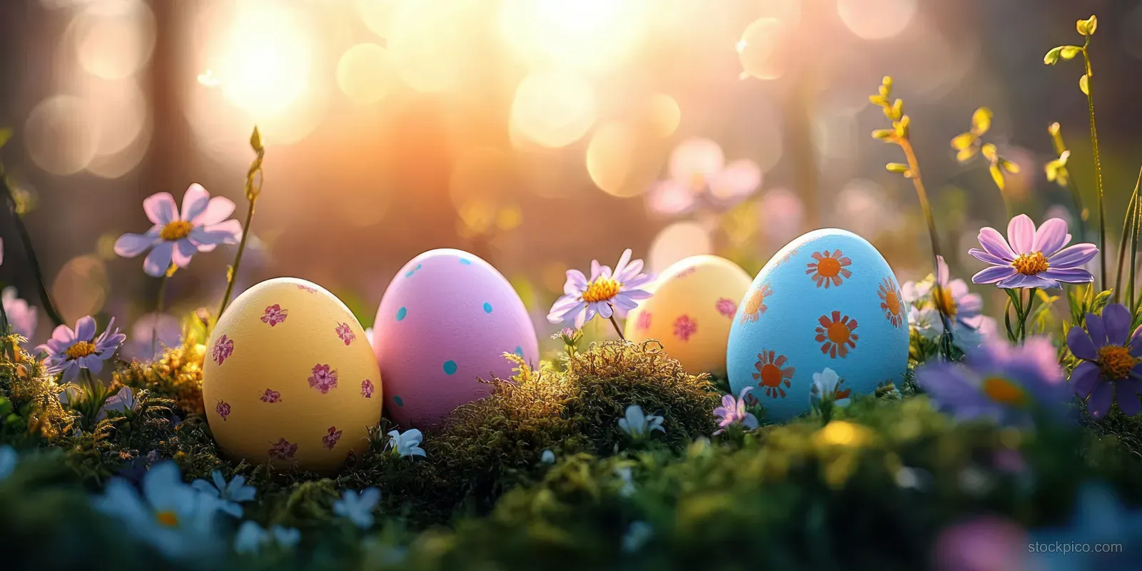 Colorful decorated Easter eggs sit in green moss beside purple and white flowers with warm sunlight bokeh.