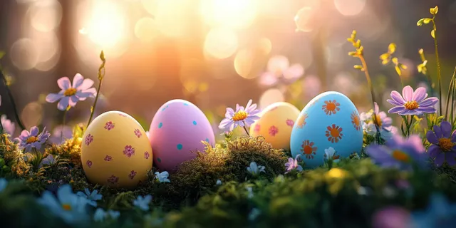Colorful Easter eggs nestled in green moss with purple and white blossoms glowing softly