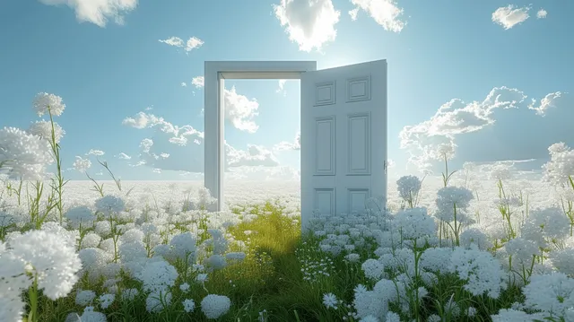 Open white door in a blooming flower field under bright sky, symbolizing fresh hope