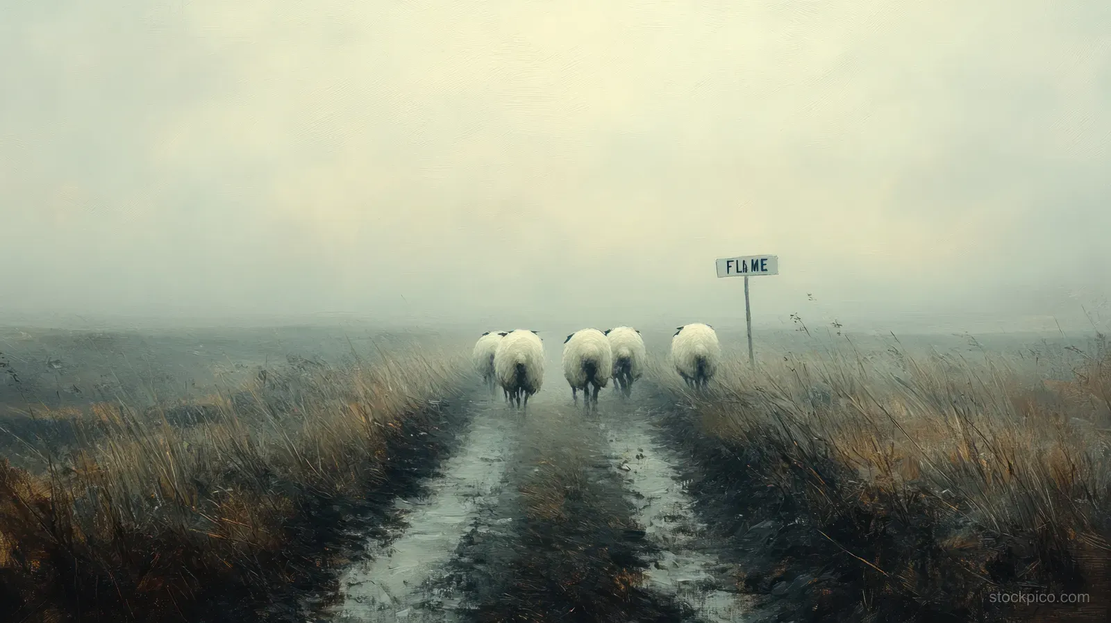 A flock of sheep walks along a road, following a sign that symbolizes guidance and a spiritual journey led by a shepherd.