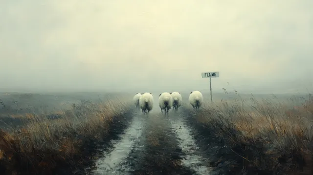 A flock of sheep walks along a road, following a sign that symbolizes guidance and a spiritual journey led by a shepherd.