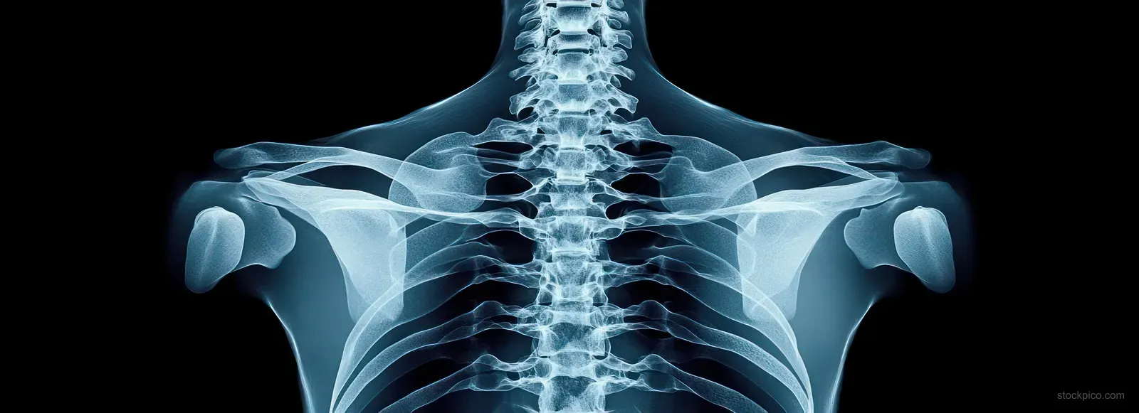 X-ray image shows upper back thoracic spine, ribs, and shoulder blades against a black background.