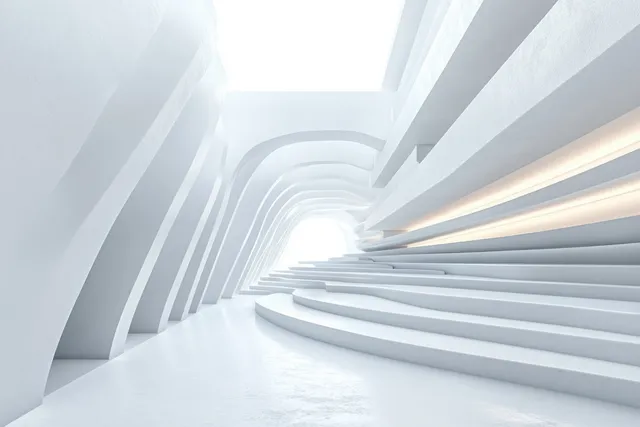 White futuristic stair corridor with glowing steps and ribbed geometric ceiling under soft light.