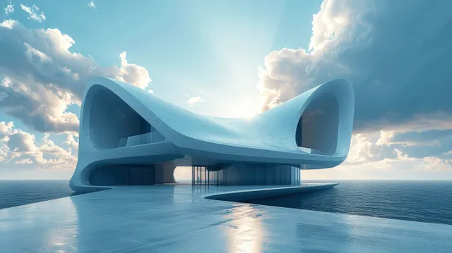 A futuristic minimalist concrete structure with two curved fins on a reflective floor above the ocean under blue sky.