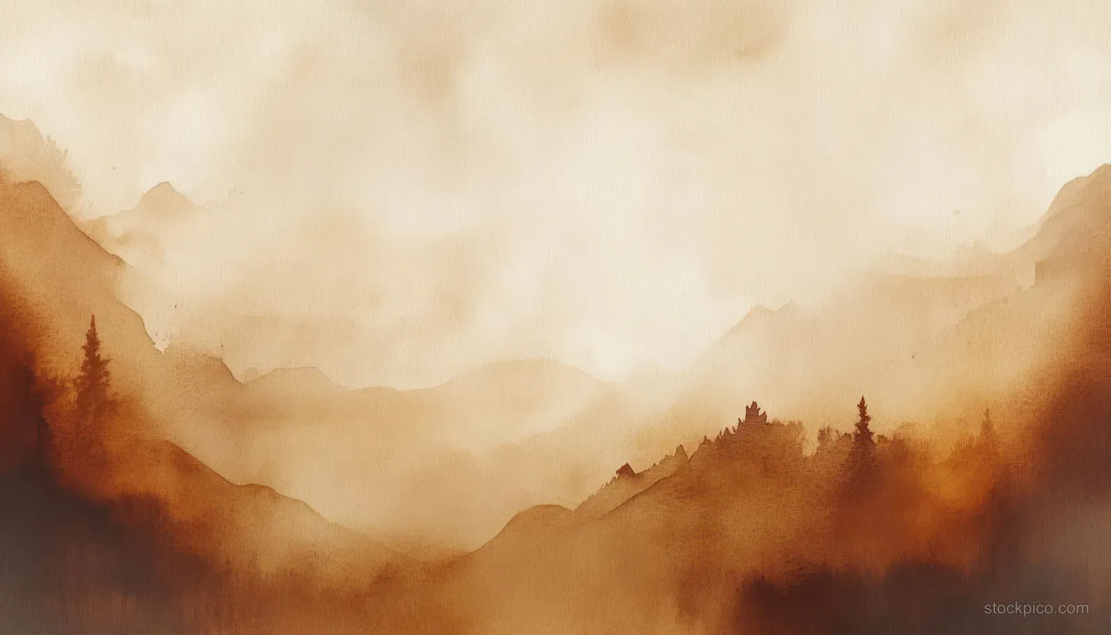 Abstract vintage watercolor paper texture with brown marbled stains and faded sepia gradients across the background.