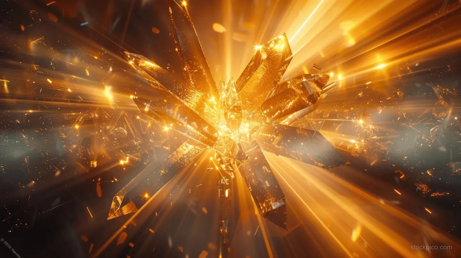 Golden rays emanate from a faceted crystal burst against a dark abstract background.