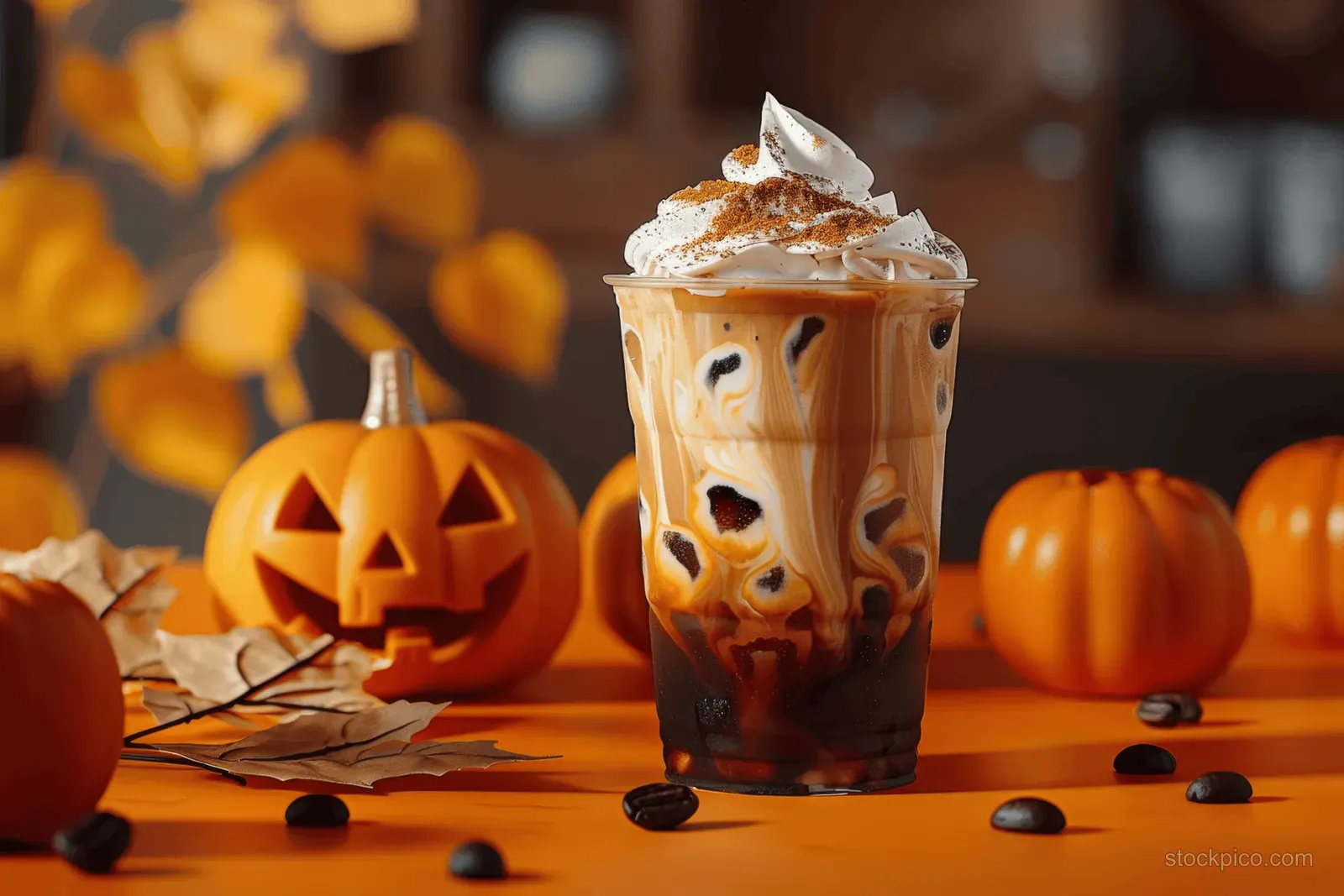 An iced pumpkin cream cold brew with whipped cream sits beside carved pumpkins and autumn leaves.