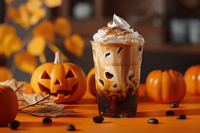 Pumpkin cream cold brew with whipped topping and Halloween decor