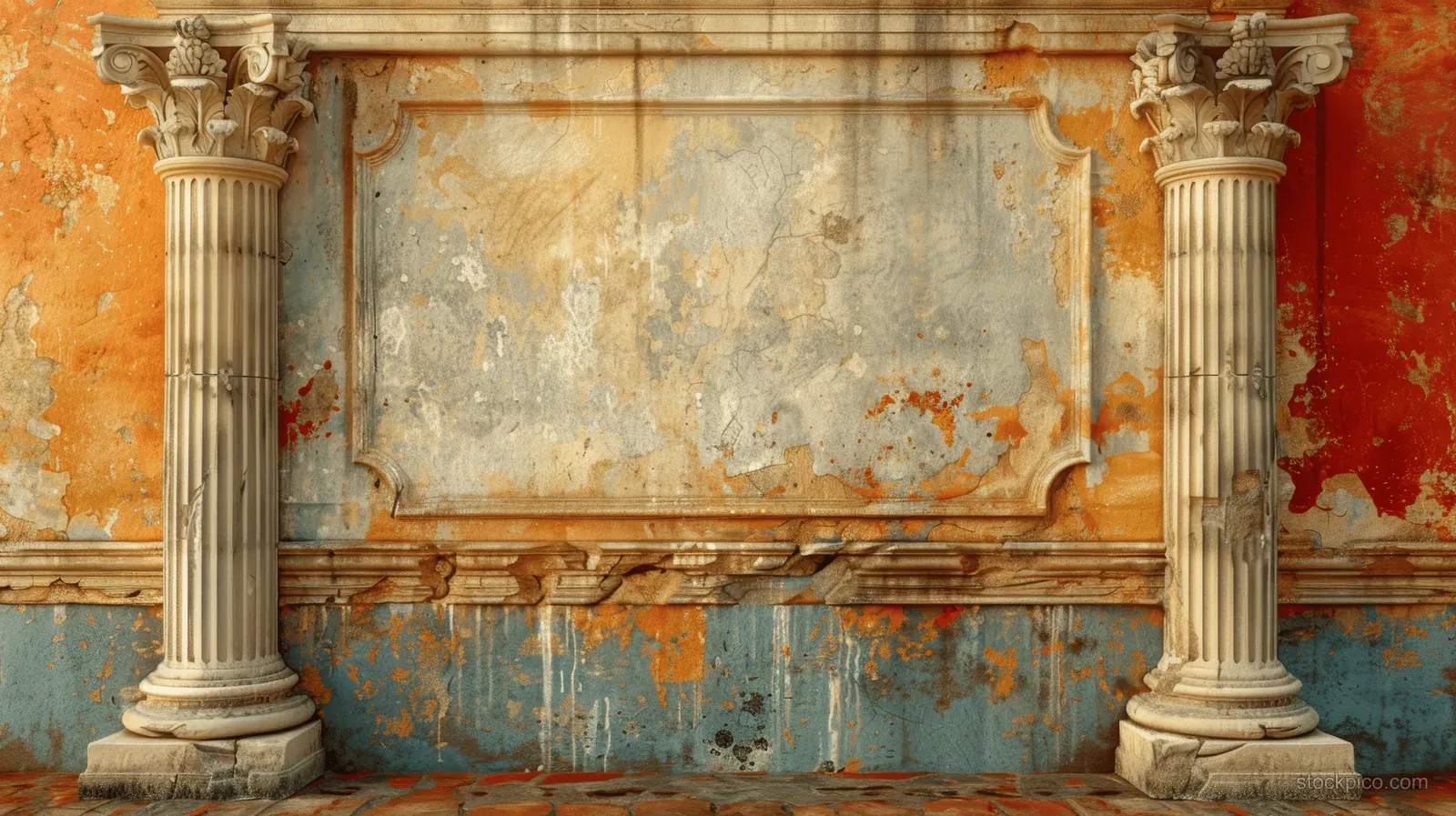 Weathered wall background with golden stucco columns, faded central panel, and small graffiti details.