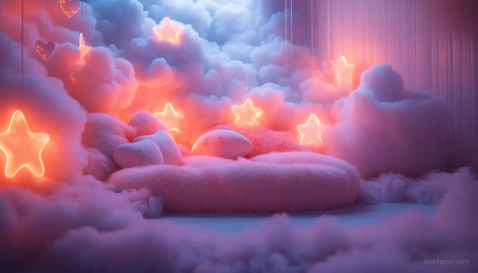 A newborn baby lies on fluffy clouds in pastel light with glowing stars and heart accents in the background.