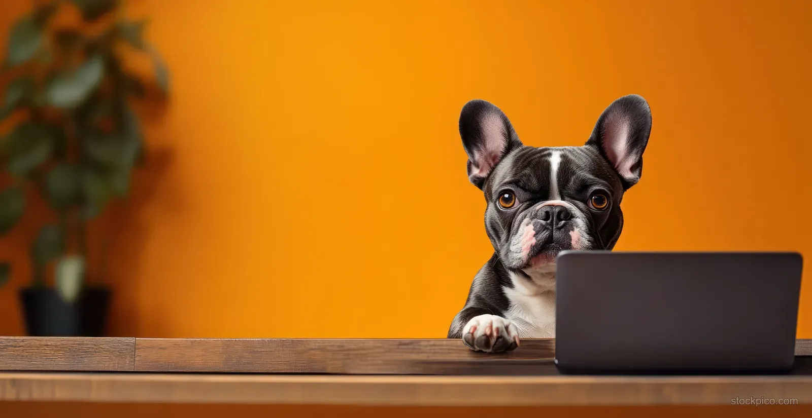 A French bulldog sits at a desk using a laptop against a vivid orange background.