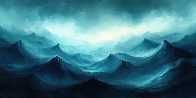 青绿色水彩波浪与朦胧群山铺满背景，带有旋涡般的墨迹纹理。