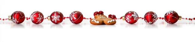Red Christmas baubles and gingerbread cookies arranged across a winter banner background with light snowflake accents.