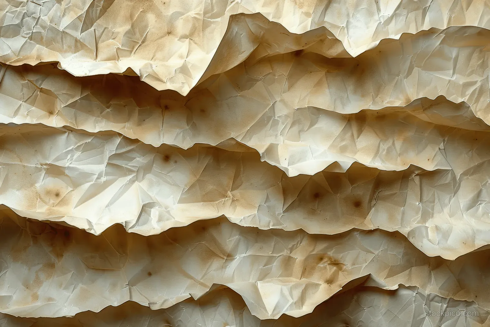 Crumpled beige parchment paper texture background with layered folds and aged cream creases.