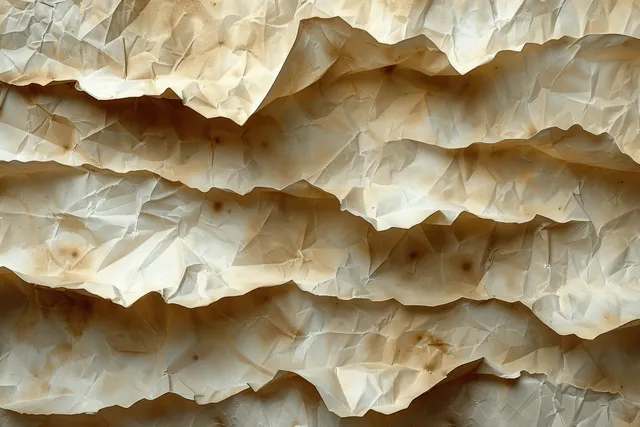Crumpled beige parchment paper texture background with layered folds and aged cream creases.