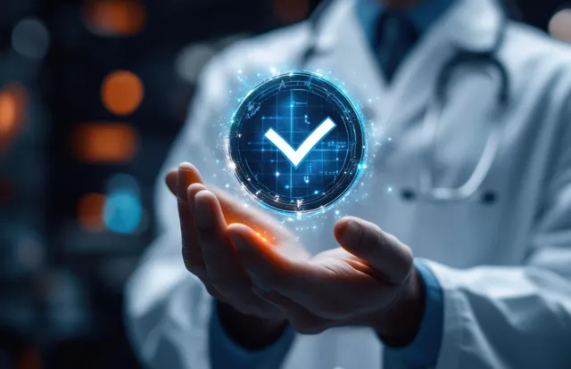 Doctor’s hands presenting a glowing holographic checkmark over a futuristic medical dashboard