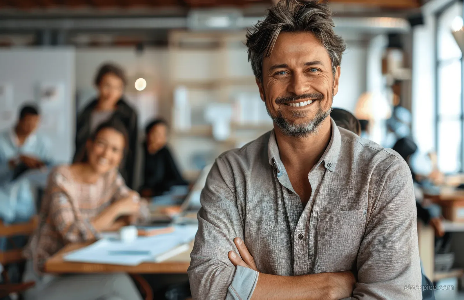 Casual businessman with arms crossed stands in an office meeting room while coworkers sit blurred in the background.