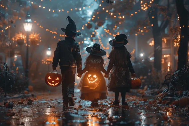 Children in witch costumes trick-or-treat on a lantern-lit decorated street, holding hands and carrying glowing pumpkin bags.