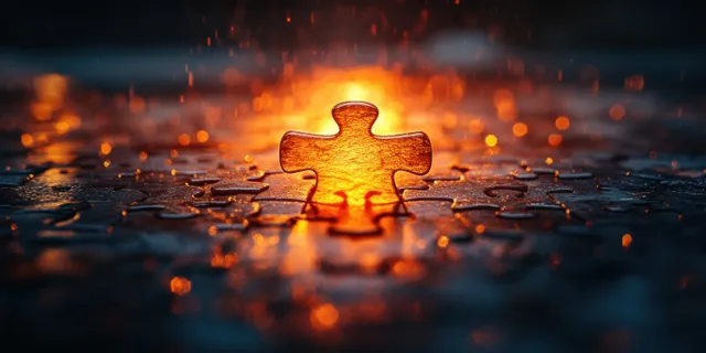 A glowing golden puzzle piece fits into a dark puzzle spread amid warm floating sparks.