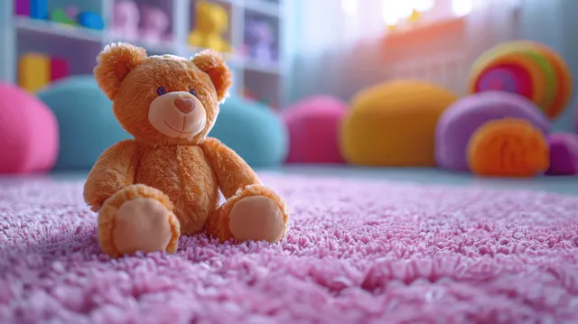 Teddy bear sitting on a pink carpet with colorful toy blocks and balls blurred behind in a bright playroom.
