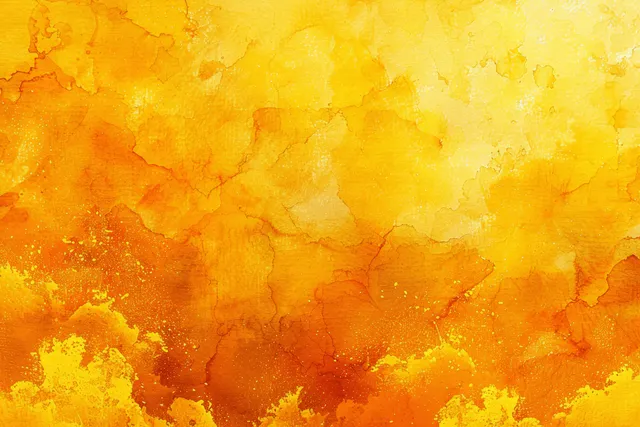 Orange and yellow watercolor wash background with stains, splashes, and marbled brush texture