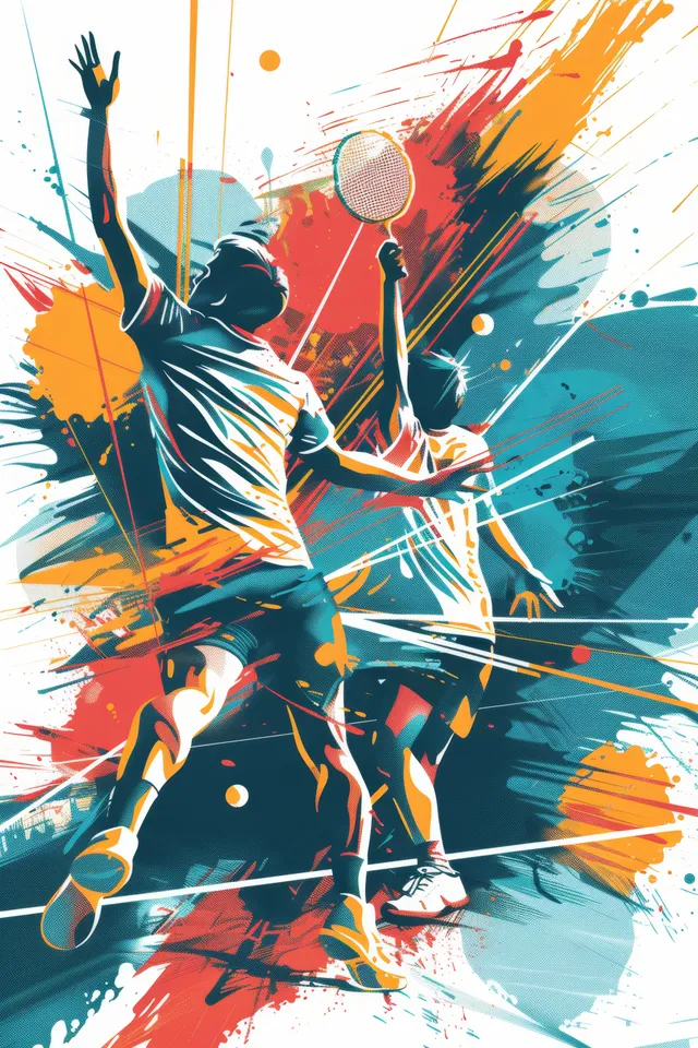 Vibrant illustration of Japanese players in dynamic mixed doubles badminton action on a colorful court.