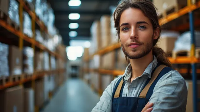 Warehouse worker stands with arms crossed smiling in a well lit storage aisle between tall shelves.