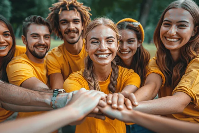 Diverse friends in yellow shirts form a supportive circle, smiling outdoors in a park