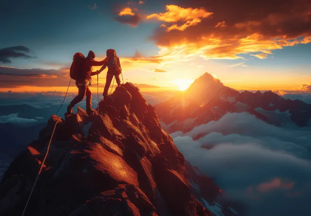 Hikers helping each other reach a mountain summit at vivid sunset