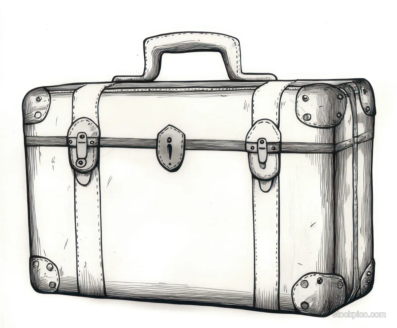 Black and white sketch of a closed vintage suitcase with top handle and metal corner protectors.