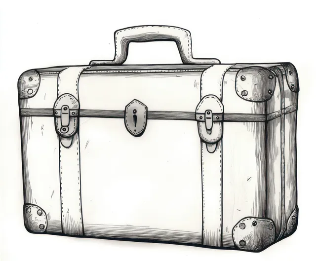 Black and white sketch of a closed vintage suitcase with top handle and metal corner protectors.