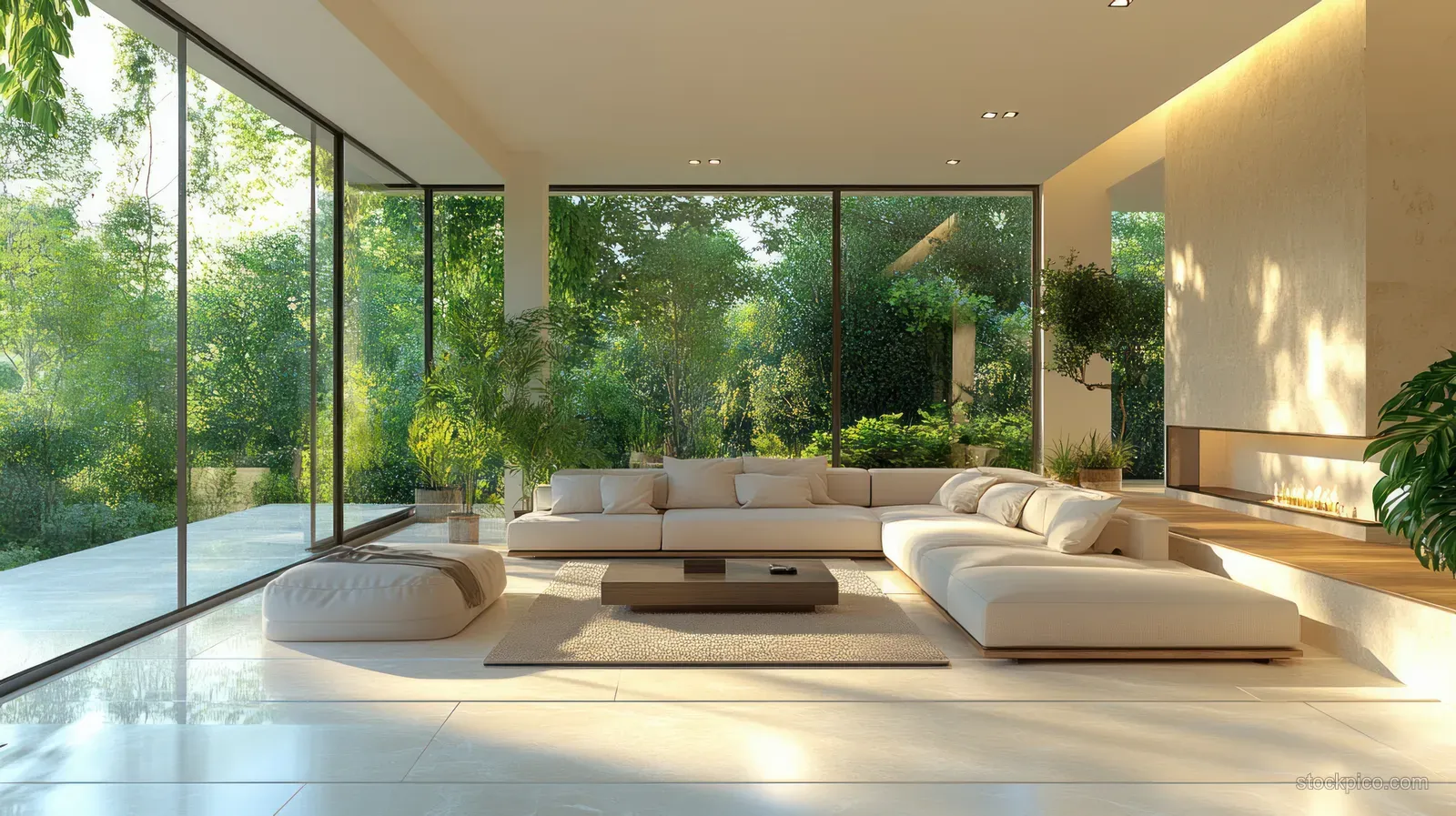 Minimalist living room interior with white sectional sofa and warm sunlight streaming through floor-to-ceiling windows.