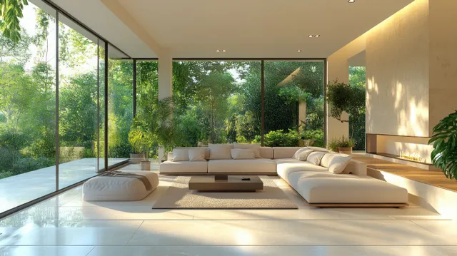 Minimalist living room interior with white sectional sofa and warm sunlight streaming through floor-to-ceiling windows.