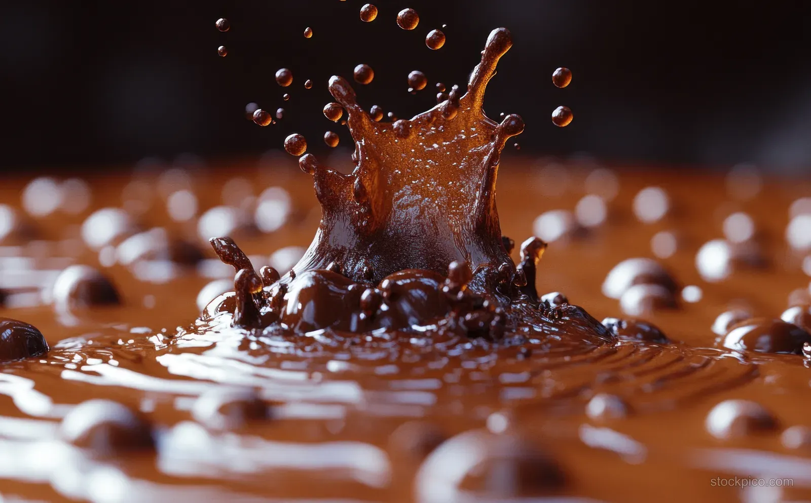 Chocolate liquid erupts into a splash with floating droplets and rippling reflections against a dark background.