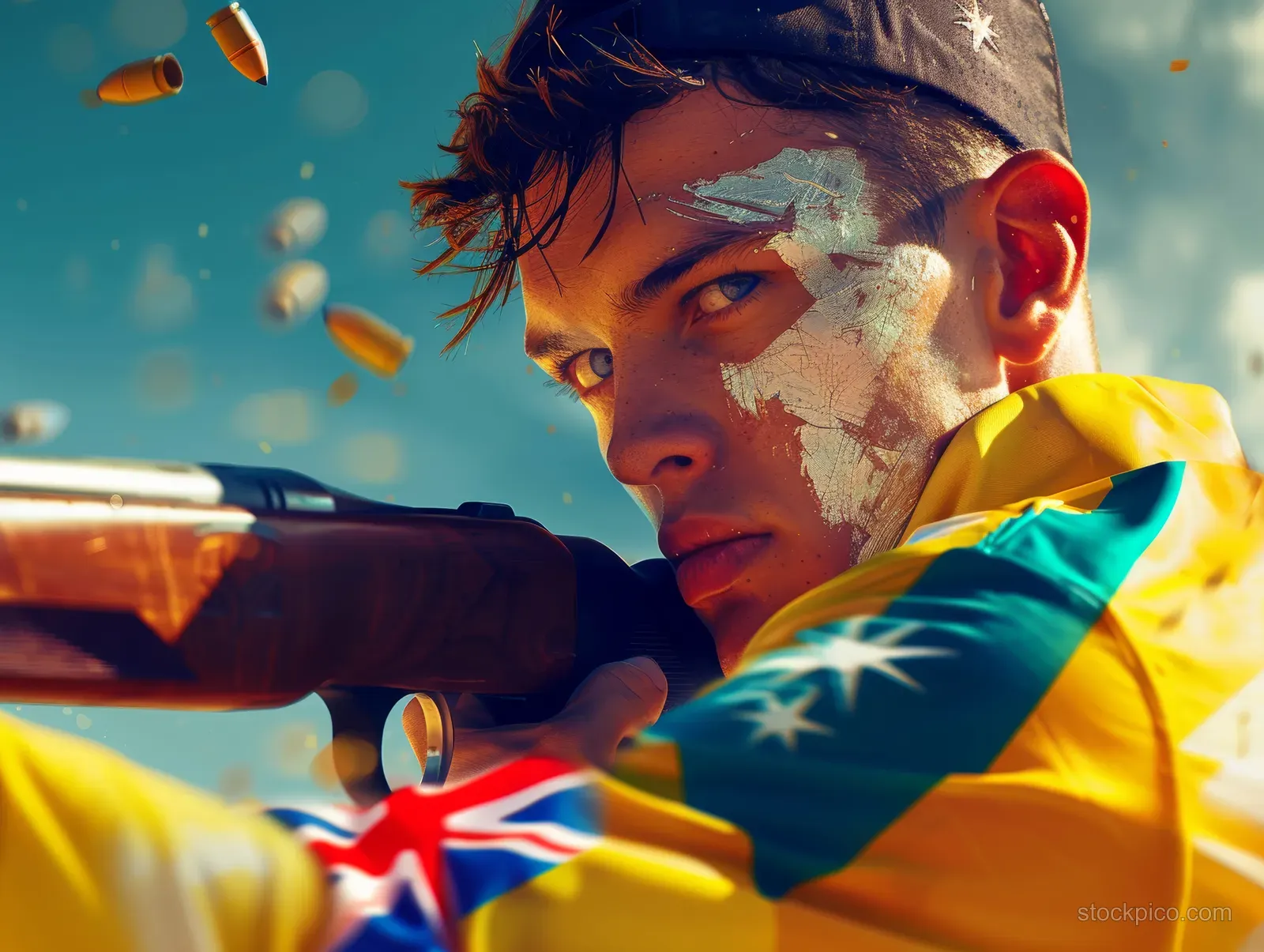 Australian double trap shooter aiming a shotgun with clay targets exploding in the air against a flag-colored backdrop.