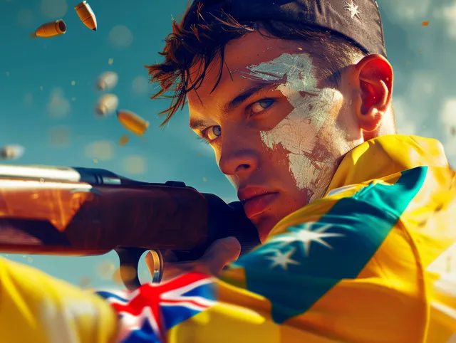 Australian double trap shooter aiming a shotgun with clay targets exploding in the air against a flag-colored backdrop.