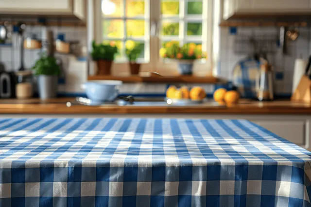 Blue and White Checkered Tablecloth in a Cozy Country Kitchen