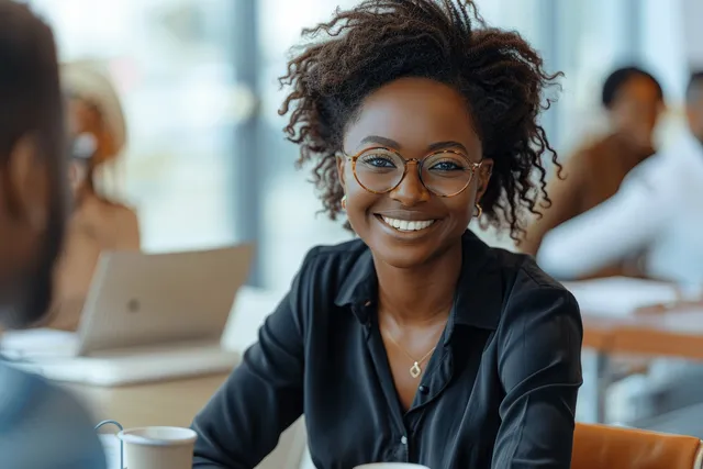African American businesswoman sits at a conference table leading a team discussion with colleagues in an office.