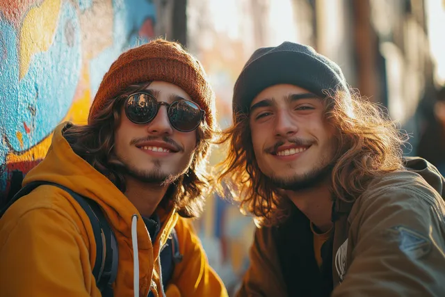 Friends skateboarding and laughing together on a sunny city street with bright street art