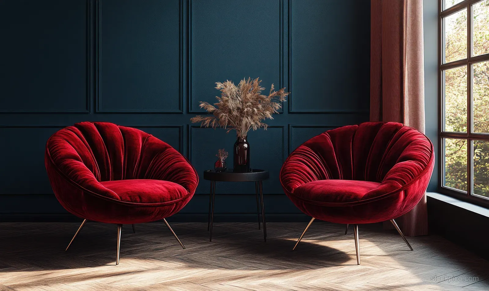 Two burgundy velvet armchairs sit in a dark paneled room near a sunlit window with a small side table and dried flowers.