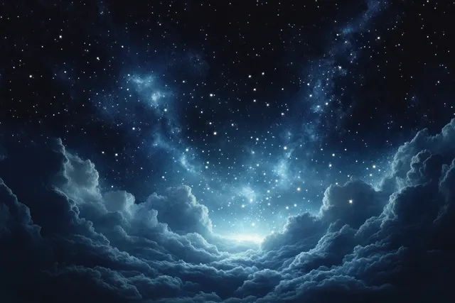 Star-filled sky over Bethlehem with bright glowing clouds and a radiant starlight burst.